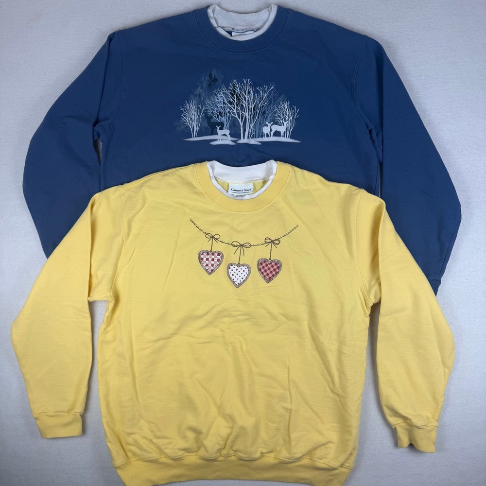 Country Store Womens Sweatshirt Bundle XL Blue Deer Yellow Heart Fleece 2 Pack